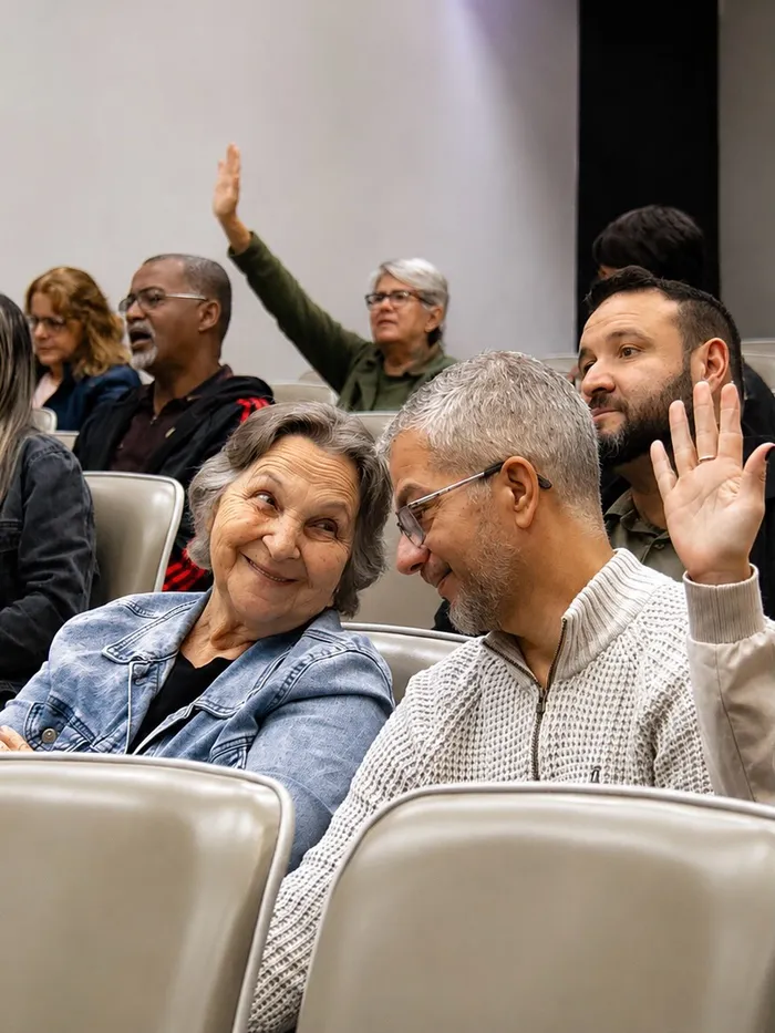 Pessoas mais velhas de mãos erguidas durante o culto